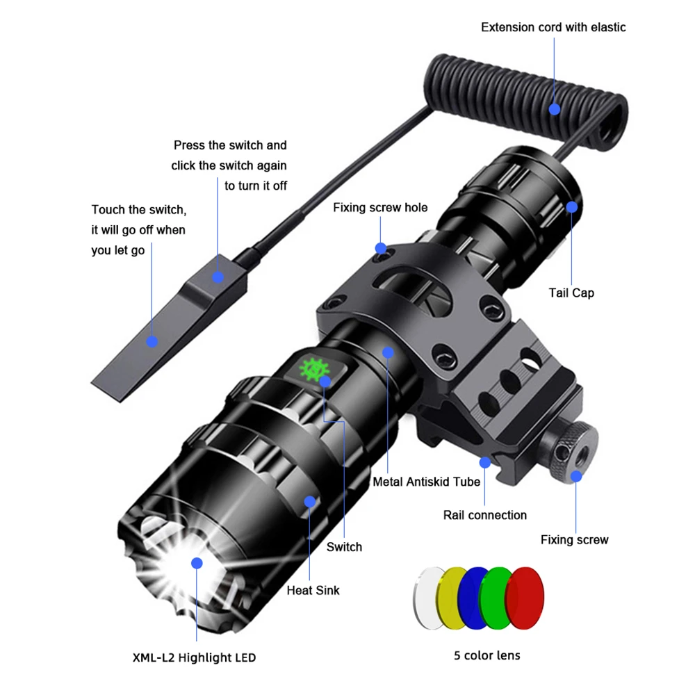 Description Picture 6 of itemLED Tactical Hunting Torch Flashlight L2 18650 Aluminum Waterproof Outdoor Lighting with Gun Mount +Switch USB Rechargeable Lamp