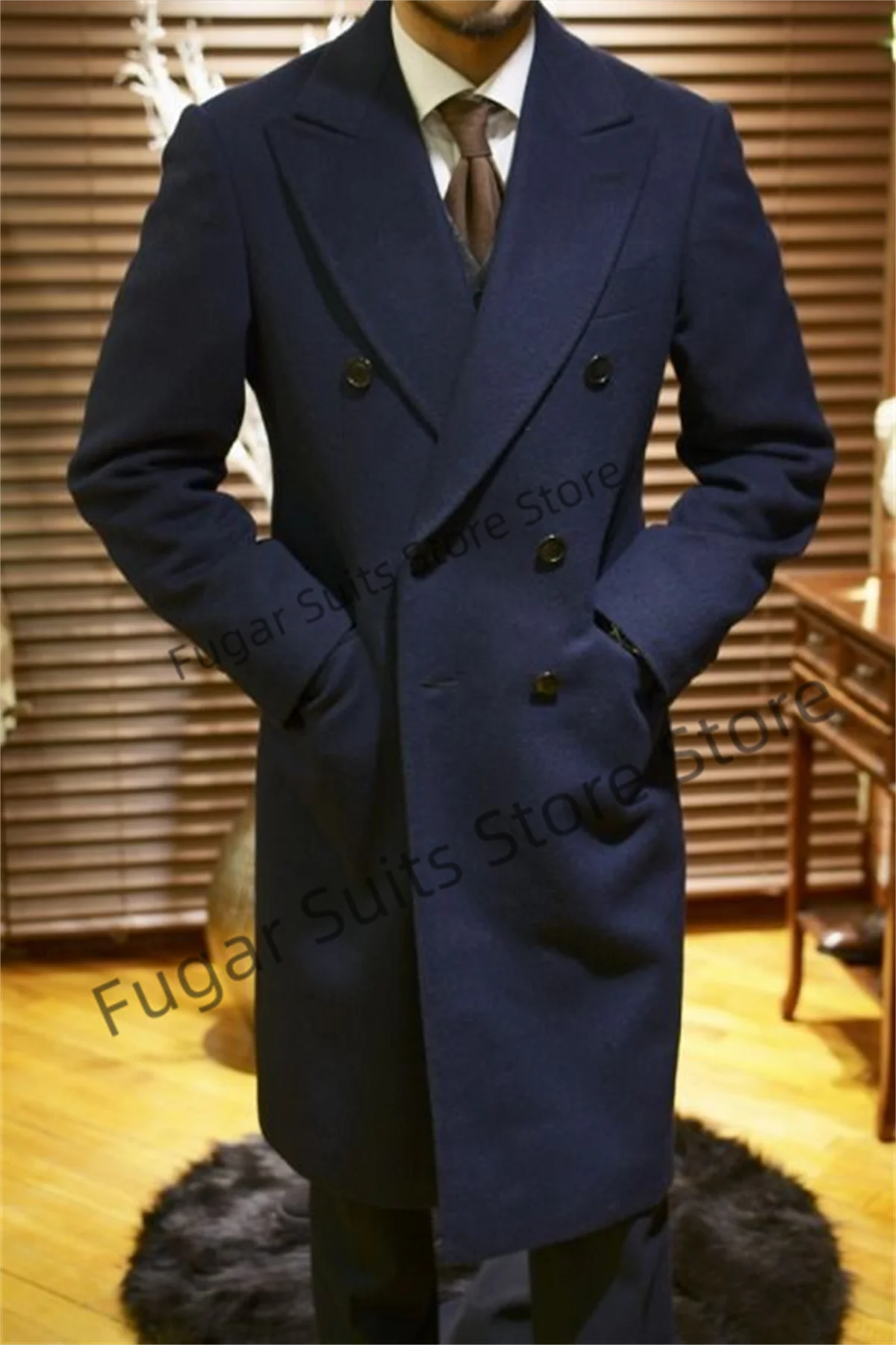 Business Navy Blue Double Breasted Coat For Men Slim Fit Peak Lapel Groom Prom Tuxedos Elegant Male Blazer Chamarras Para Hombre