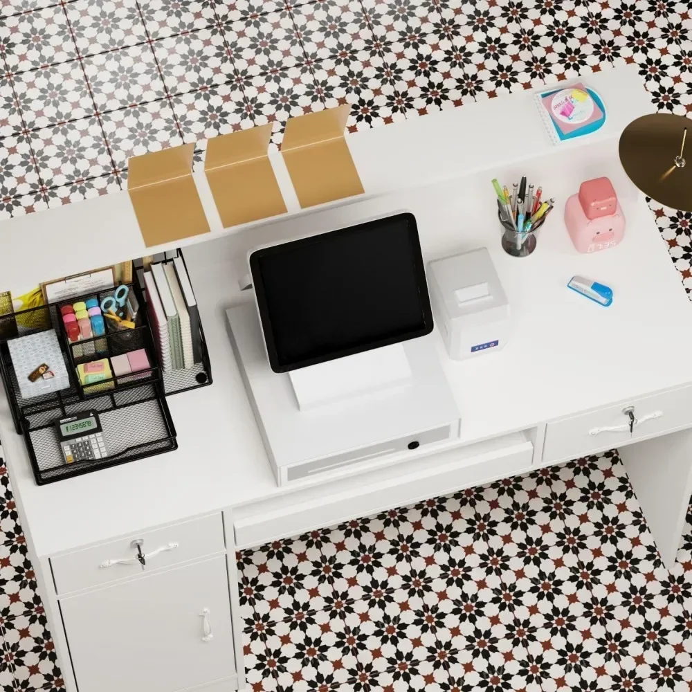 Modern Reception Counter Desk with Lights & Lockable Drawers, Reception Desk Front Counter Table with Cabinet, White