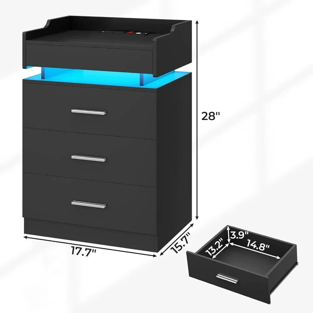 LED Nightstand, Large Night Stand with Charging Station, Bedside Table with Pull-Out Shelf and 3 Drawers, Modern Style