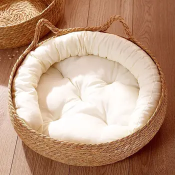 고양이 침대 애완 동물 둥지, 순수 수동 라탄 직조 Cattailgrass 고양이 스크래치 보드, 탈착식 세탁 가능한 겨울 따뜻한 패드, 사계절 애완 동물