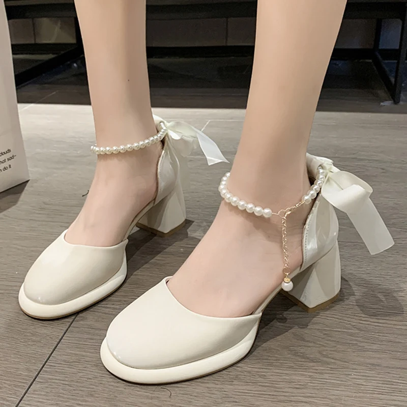 

Pearl Ankle Buckle Thick Heel Pumps Women Back Bowtie Lace Up Mary Jane Shoes Woman 2023 Autumn Platform High Heels Dress Shoes