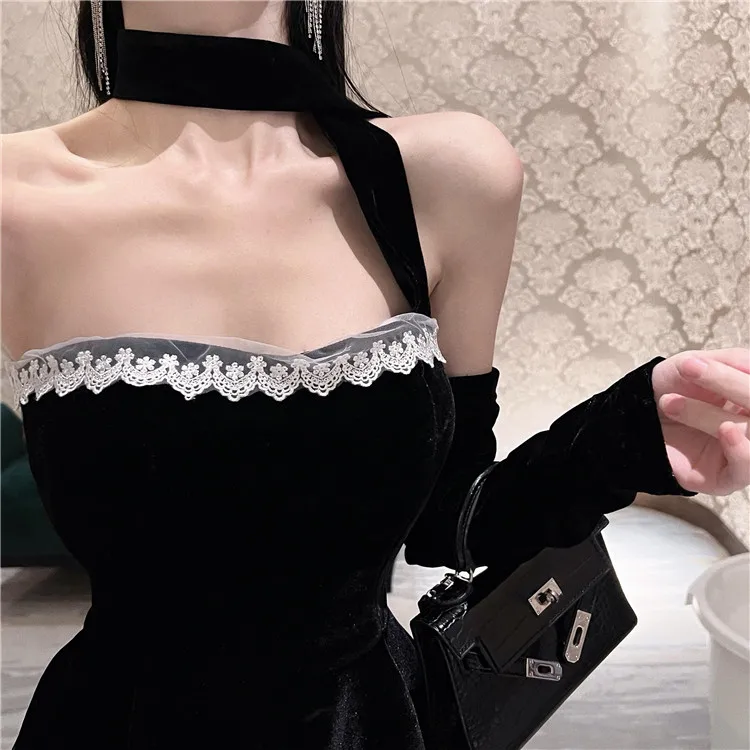 French Vintage Strapless Mini Dresses Women Lace Patchwork A-line Evening Party Dress Korean Fashion Y2K Mini Vestidos Mujer