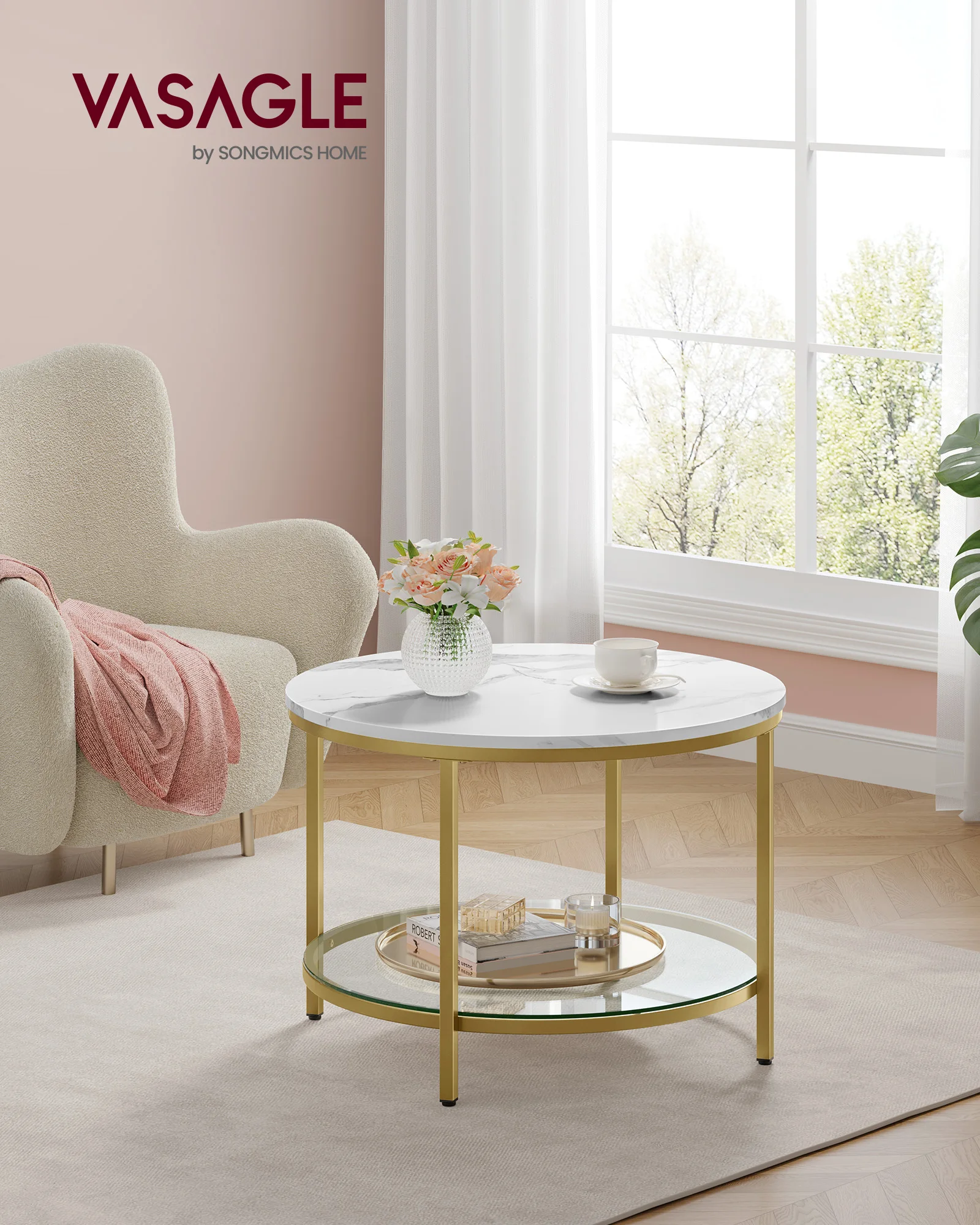 VASAGLE Round Coffee Table, Small Coffee Table with Faux Marble Top and Glass Storage Shelf, 2-Tier Circle Coffee Table 2