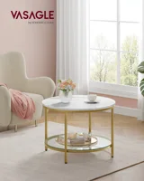 VASAGLE Round Coffee Table, Small Coffee Table with Faux Marble Top and Glass Storage Shelf, 2-Tier Circle Coffee Table 2
