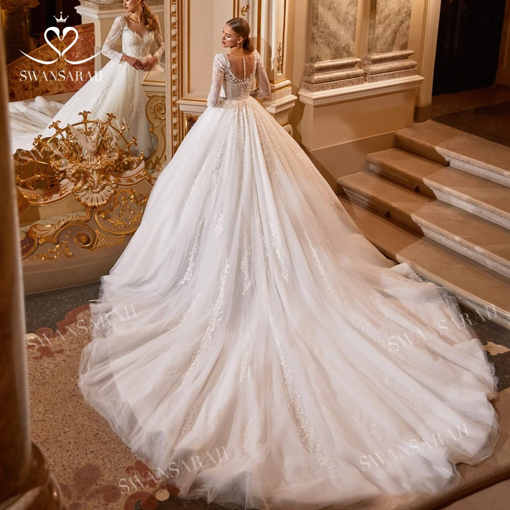 Long Sleeve Wedding Dress 2025 Sweetheart Appliques Bride Ball Gown Royal Train customized SwanSarah AS141 Vestido De Novia 2