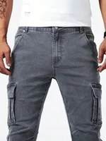 Pantalon de travail en denim pour hommes, délavé, couleur unie, multi-poches, décontracté, taille moyenne, coupe cintrée, vêtements quotidiens, pantalon de jogging 4