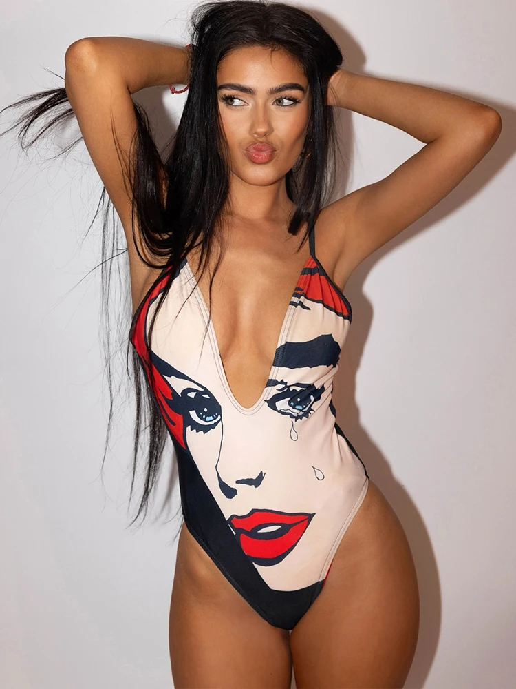 Nibber Slim Doodle Print Bodysuit Women Beach Vacation Deep v-Neck Sleeveless Tight Stretch Wild Hipster Midnight Club Body Tops