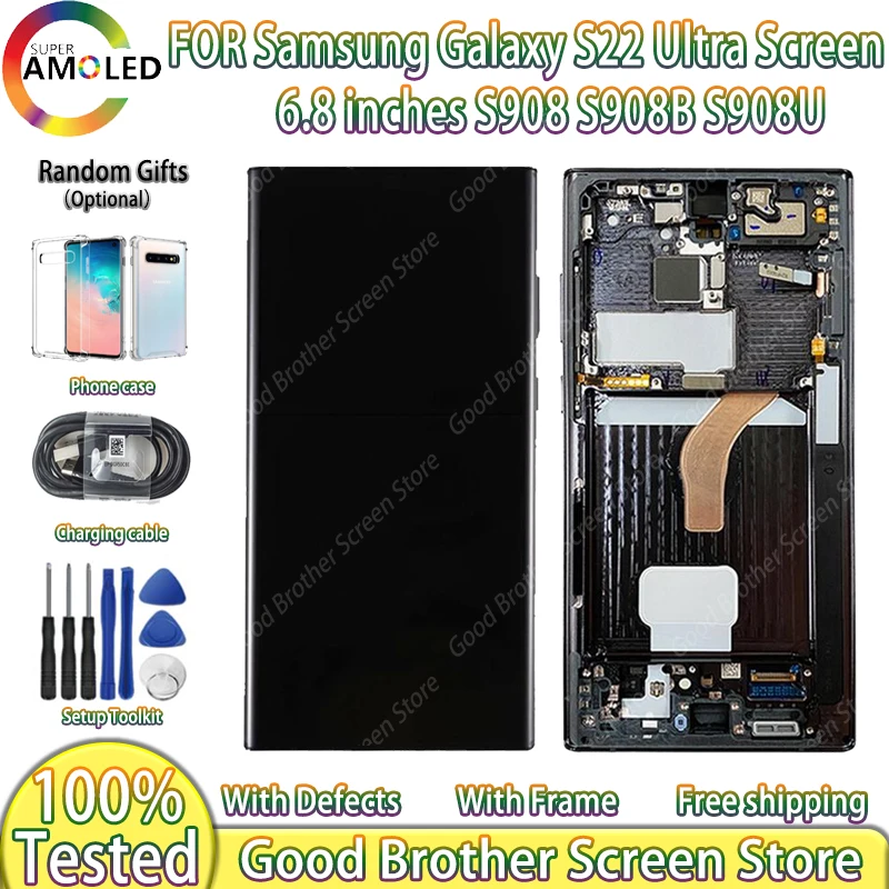 

Super AMOLED S908 LCD For Samsung Galaxy S22 Ultra 5G LCD S908B S908U Display S22ultra Touch Screen 6.8'' NO Frame With defects