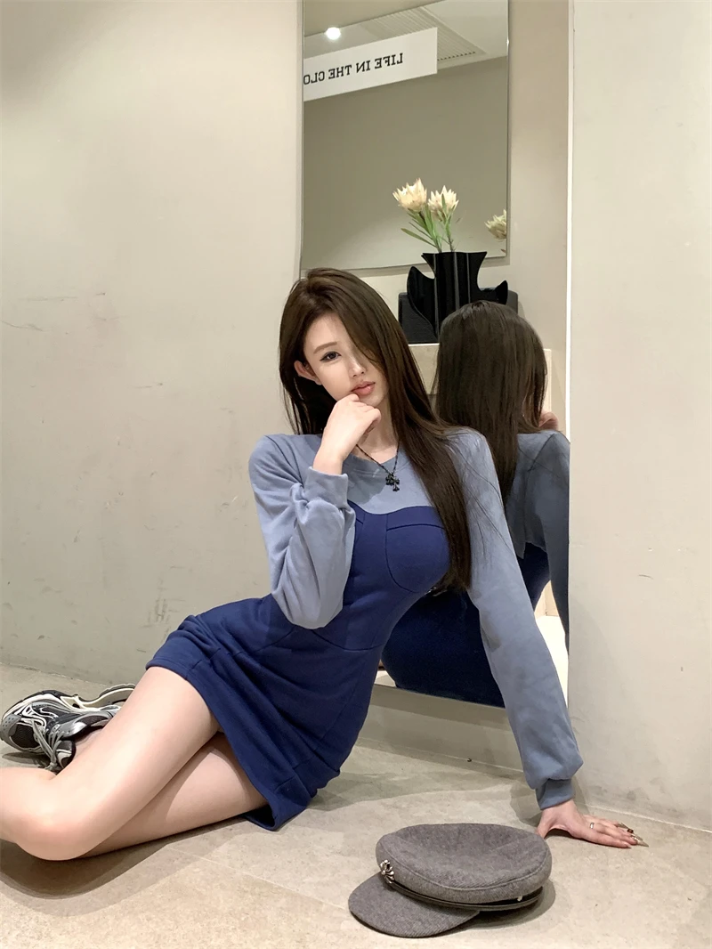 Sexy Patchwork Mini Dresses Women Long Sleeve Bodycon Lace-up Hollow Out Y2K Club Party Dress Korean Fashion Autumn New Vestidos