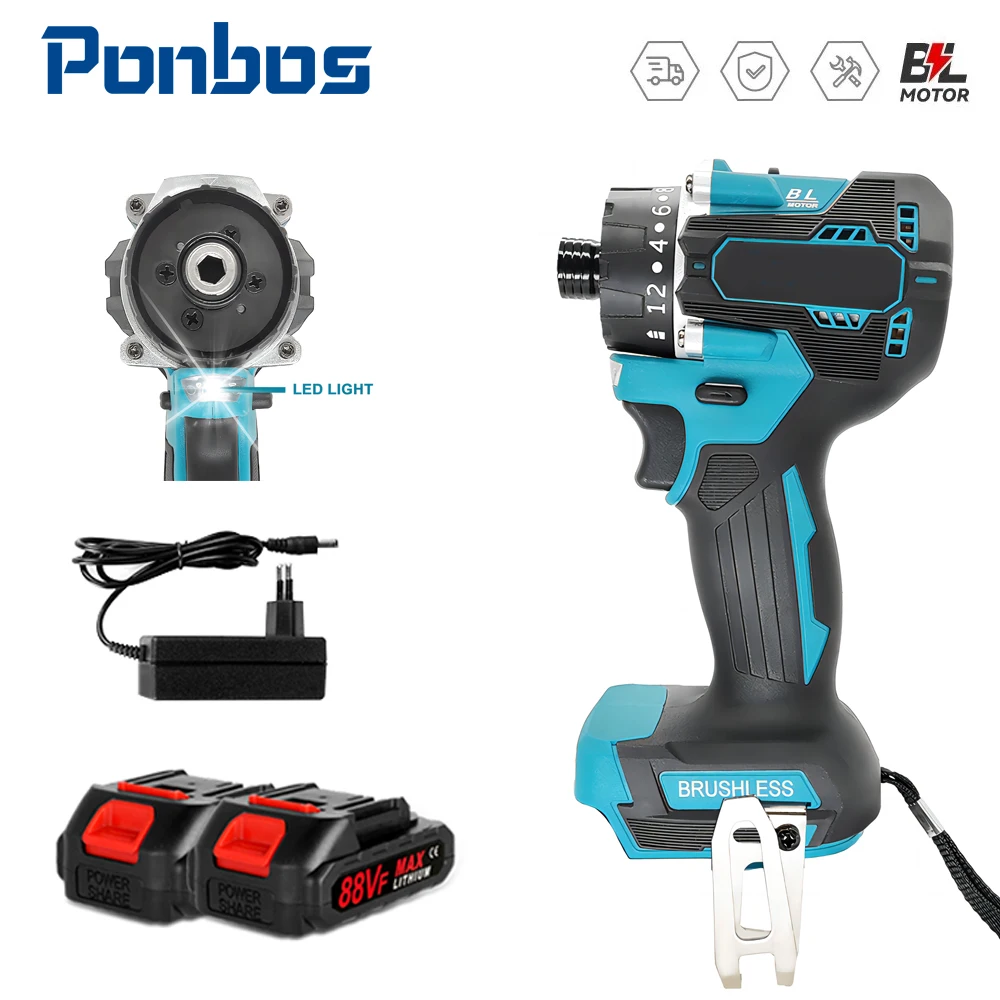 Ponbos 1/4 inch Brushless Hexagonal Drill Cordless Electric Driver Home Improvement Suitable for Makita 18v Battery