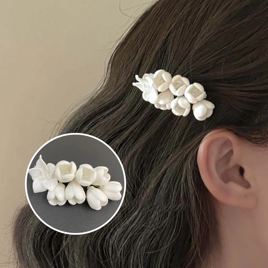 

French Retro White Acrylic Jasmine Flower Hair Clips Ancient Style Hanfu Accessories Small Hairpin Side Clip Hair Accessories