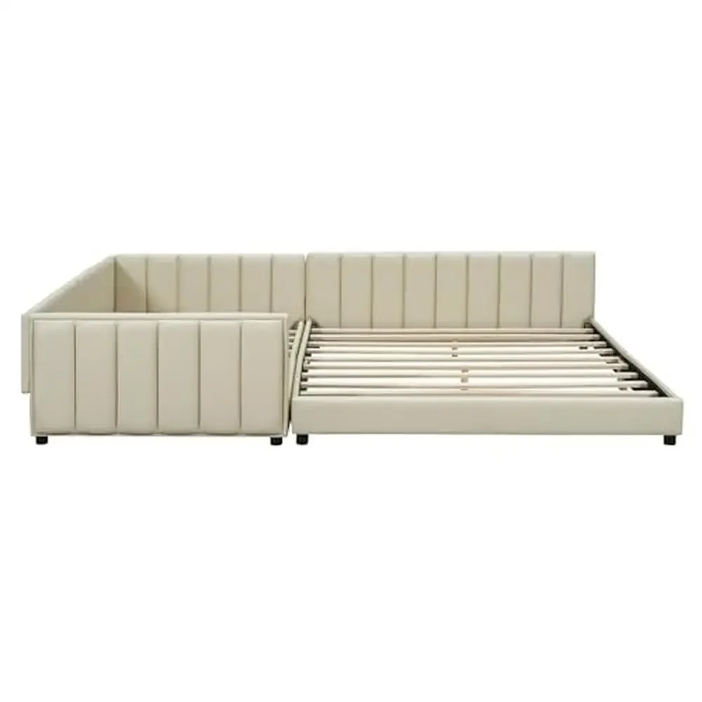 Dual Function Mother & Child Upholstered Platform Bed Set with Safety Guardrails Elegant PU Leather Design Queen Size & Twin XL 4
