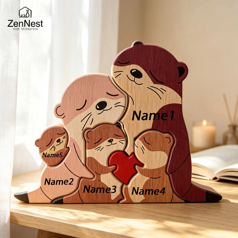 Charming Otter Family Wooden Puzzle Ornament with Red Heart - Perfect for Home or Office Décor and Thoughtful Gift