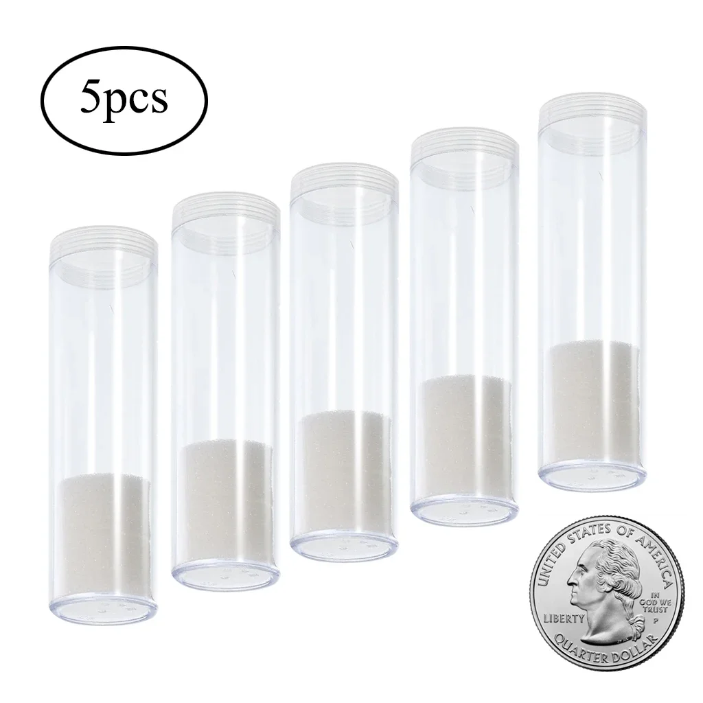 5Pcs 25mm Coin Storage Tubes Transparent Plastic Quarter Coin Tubes with Lid for Coin Collection Organizer 5