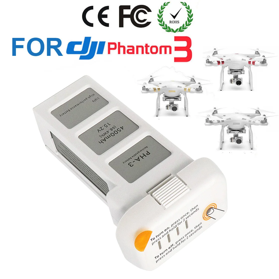 Batterie de vol intelligente 4500mAh 15.2V pour DJI Phantom 3 SE, face avant avec indicateurs LED et bouton d'alimentation.