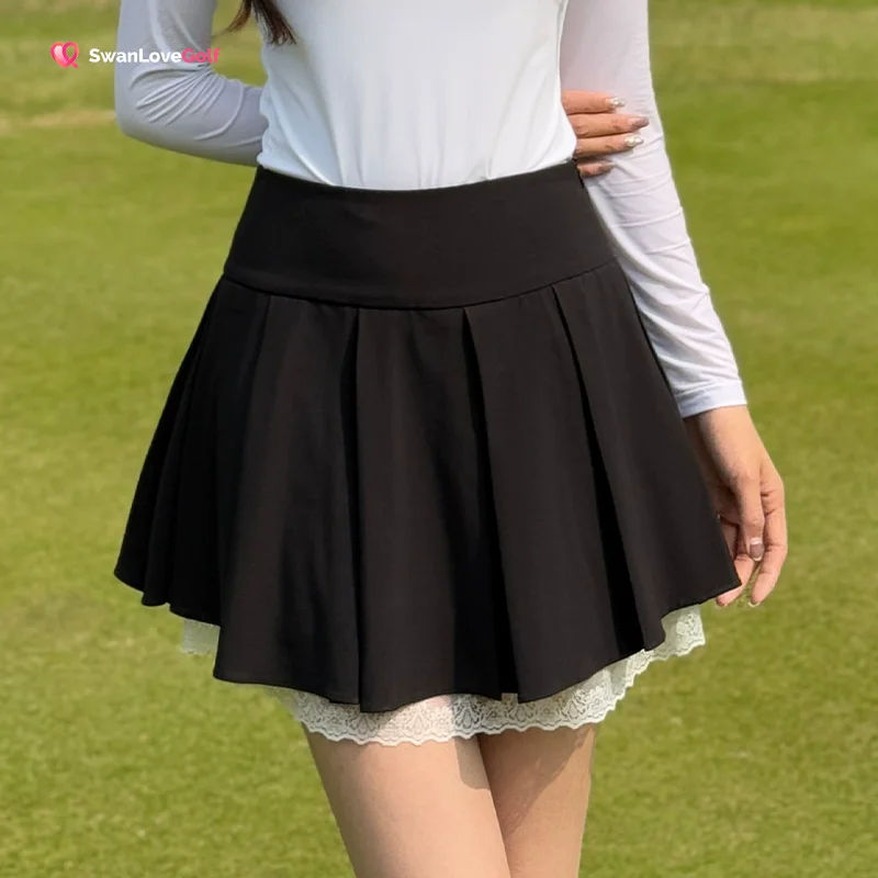 Swan golf woman pleated lace skirt with bowknot high-waisted fashion sports casual skort ladies tennis golf culottes