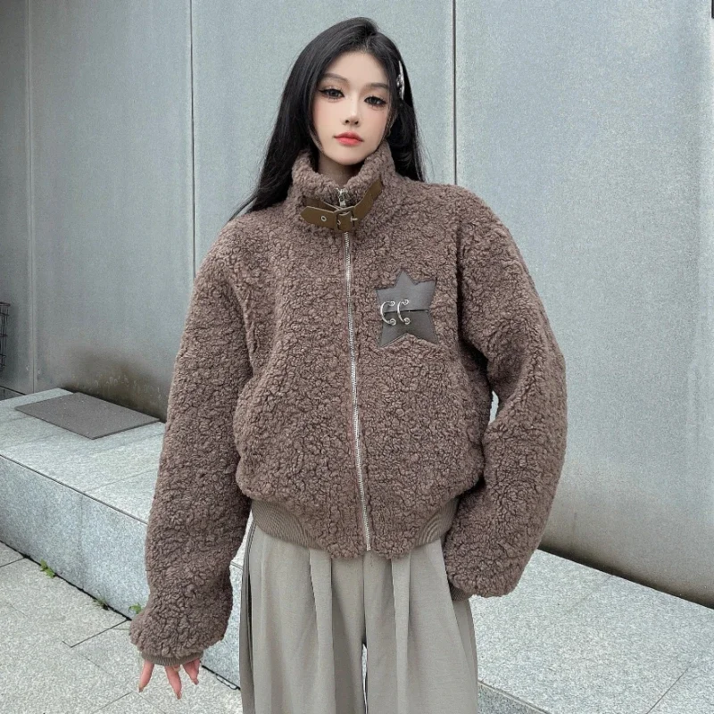 

American Retro Stand Collar Lamb Velvet Jacket Women Design Sense Zipper Thick Cropped Coats Female Winter Furry Outwear Tops