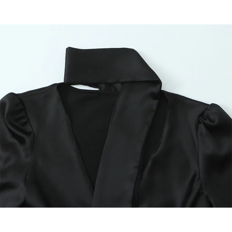 New Scarf V neck Blouse Women 2025 Women's Black Satin Elegant Long Sleeve Casual Short Shirts And Blouses Top ﻿