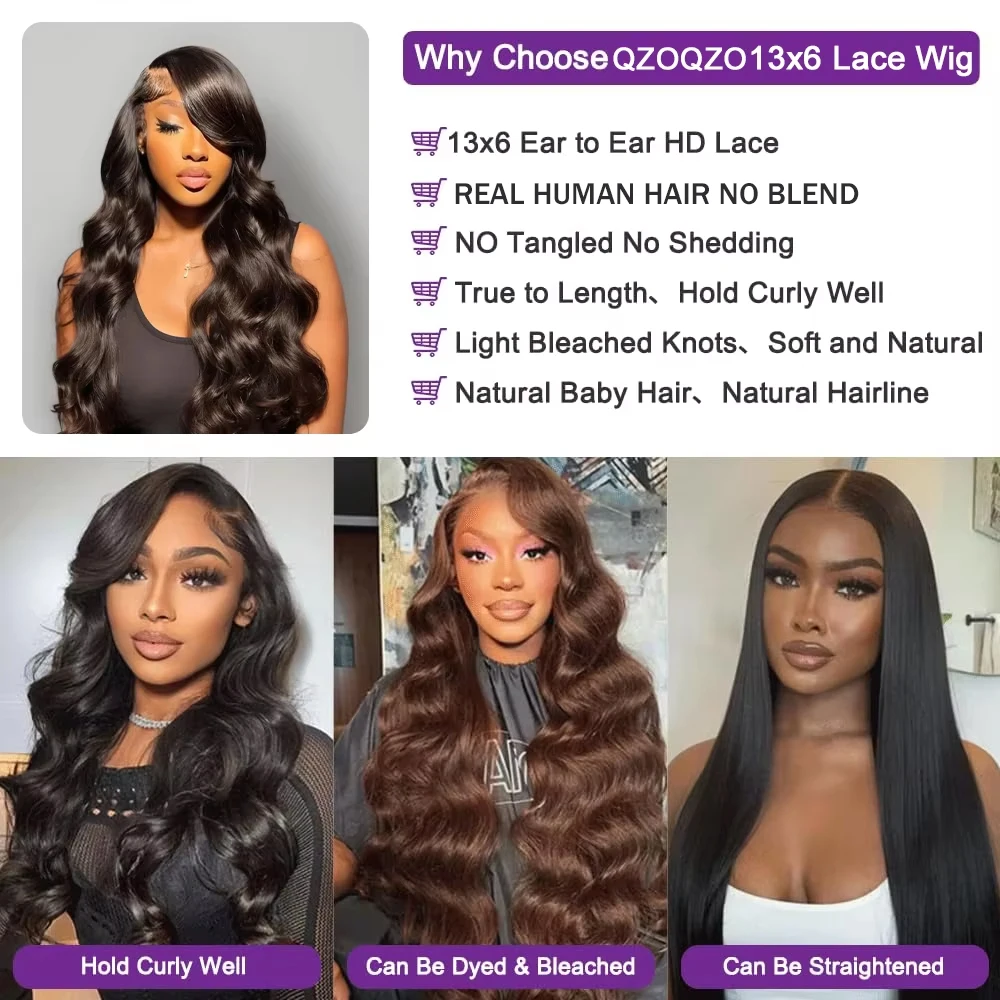 13x6 13x4 Body Wave Lace Front Wigs Human Hair Pre Plucked 200% Density HD Transparent Lace Frontal Wigs for Women 4