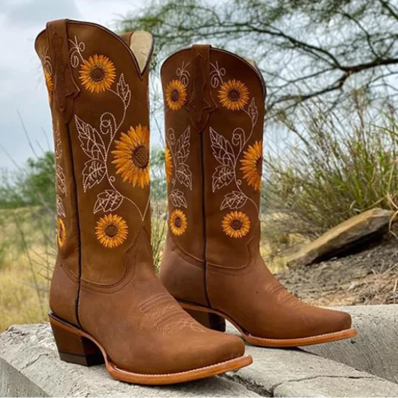 Winter Women Fashion Boots Outdoor Comfort Walking Shoes Embroidery Brown Leather Boots Deep High Tube Female Casual Shoe Botas - 3