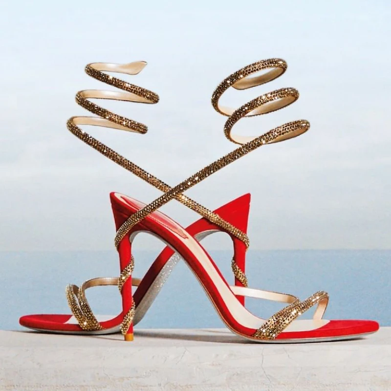 

Crystal Snake like Strap Twine Sandals Ankle Strap Shoes Open Toe Women Summer Bling Silver Gold rhinestone High Heels Shoes
