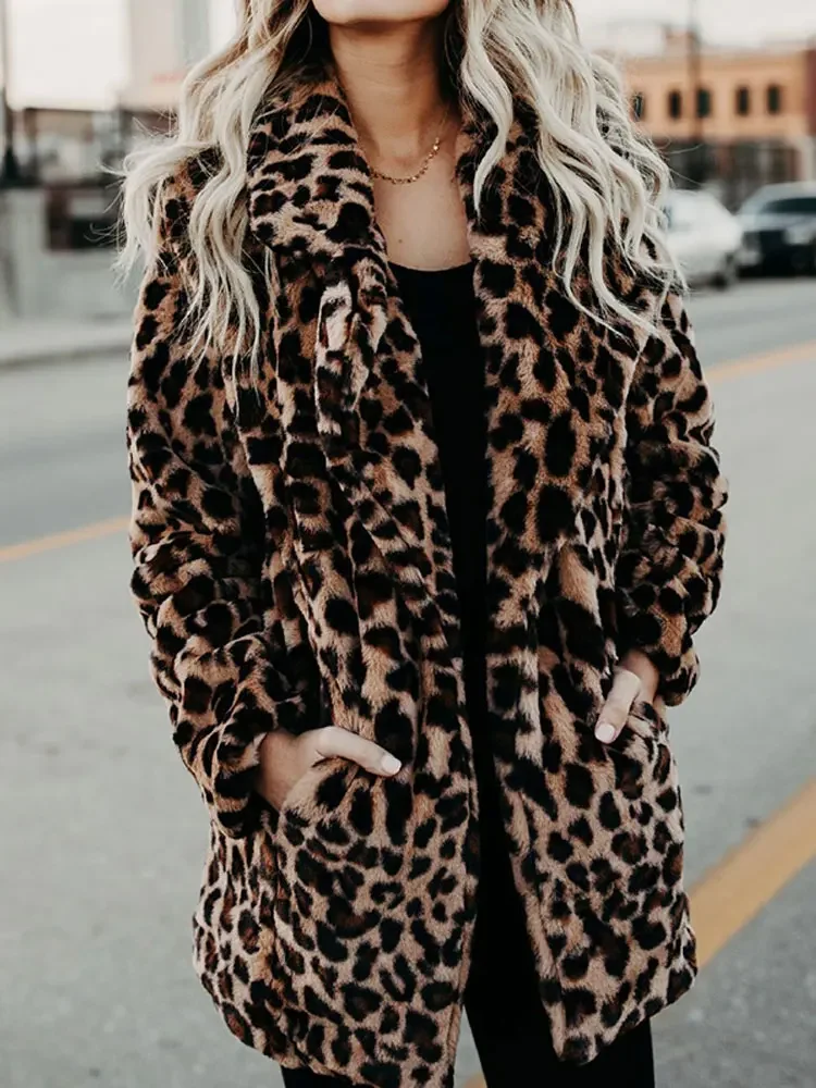 Autumn Leopard Faux Fur Coat Women Long Winter Coat Woman Fashion Warm Jacket Ladies Fur Jacket Female Plush Teddy Coat Outwear