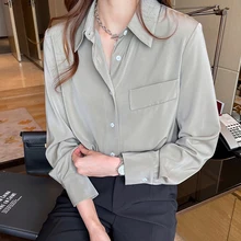 

Solid Women Shirt Satin Chiffon Blouse Square Collar Long-sleeved Shirt Outside Wear All-match 2022 Spring Camisas Mujer Shirt