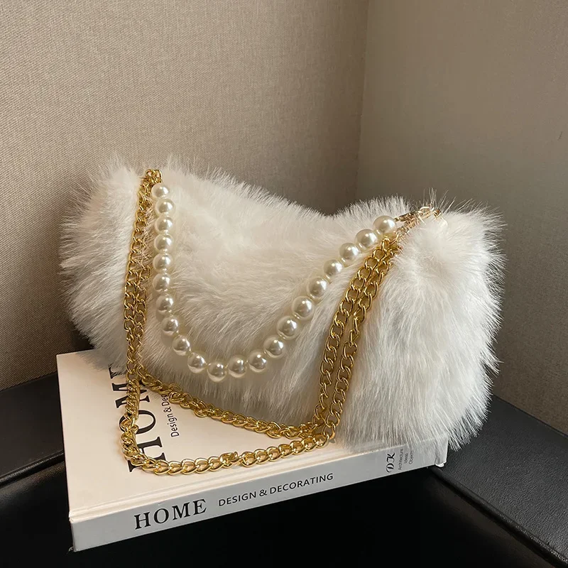 Retro Khaki Pink White Plush Handbags Classic Fashion Large Capacity Tote Bags Metal Pearl Chain Shoulder Bags Party For Women