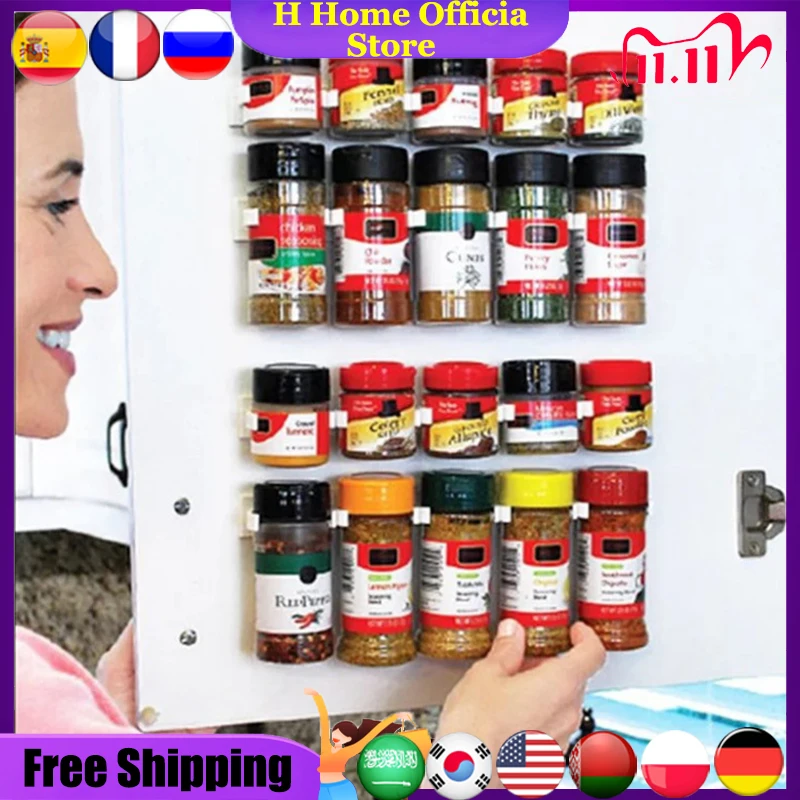 Storage Rack Spice Jar Rack Wall-Mounted Adhesive Seasoning Bottles Holder Cabinet Condiment Bottle Hanging Clips Shelf Rack