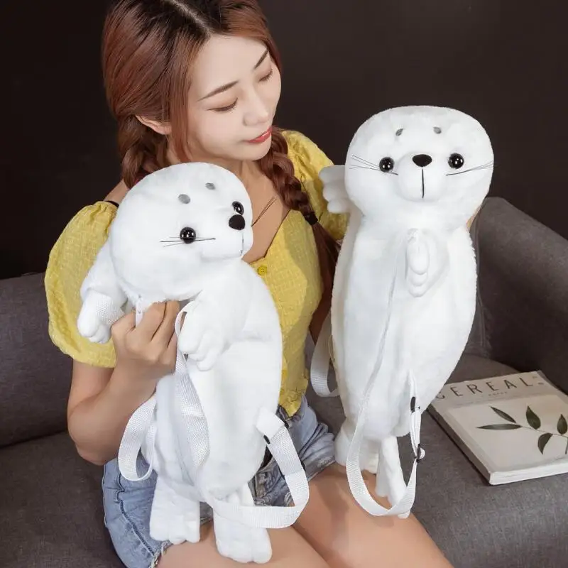 Plushie Doll Seal Plush Schoolbag Shoulder Bag Knapsack Bags Stuffed Backpack Cartoon Cute White Sea Lion Plush Bag Girls Gift