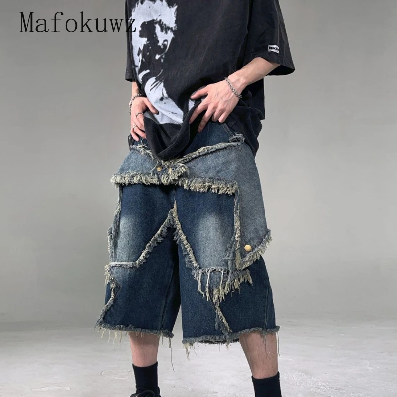 American Retro Niche Star Patches Tassel Denim Shorts Men's Loose Casual Hip-hop Street Five-point Pants Men Bottom Male Clothes