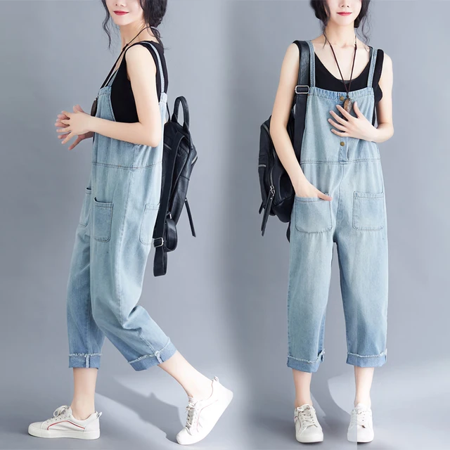 Summer New Women's Denim Overalls Loose Fit Age-Defng Nine-Piece Strap High Waist Thin Denim Fabric Light Color