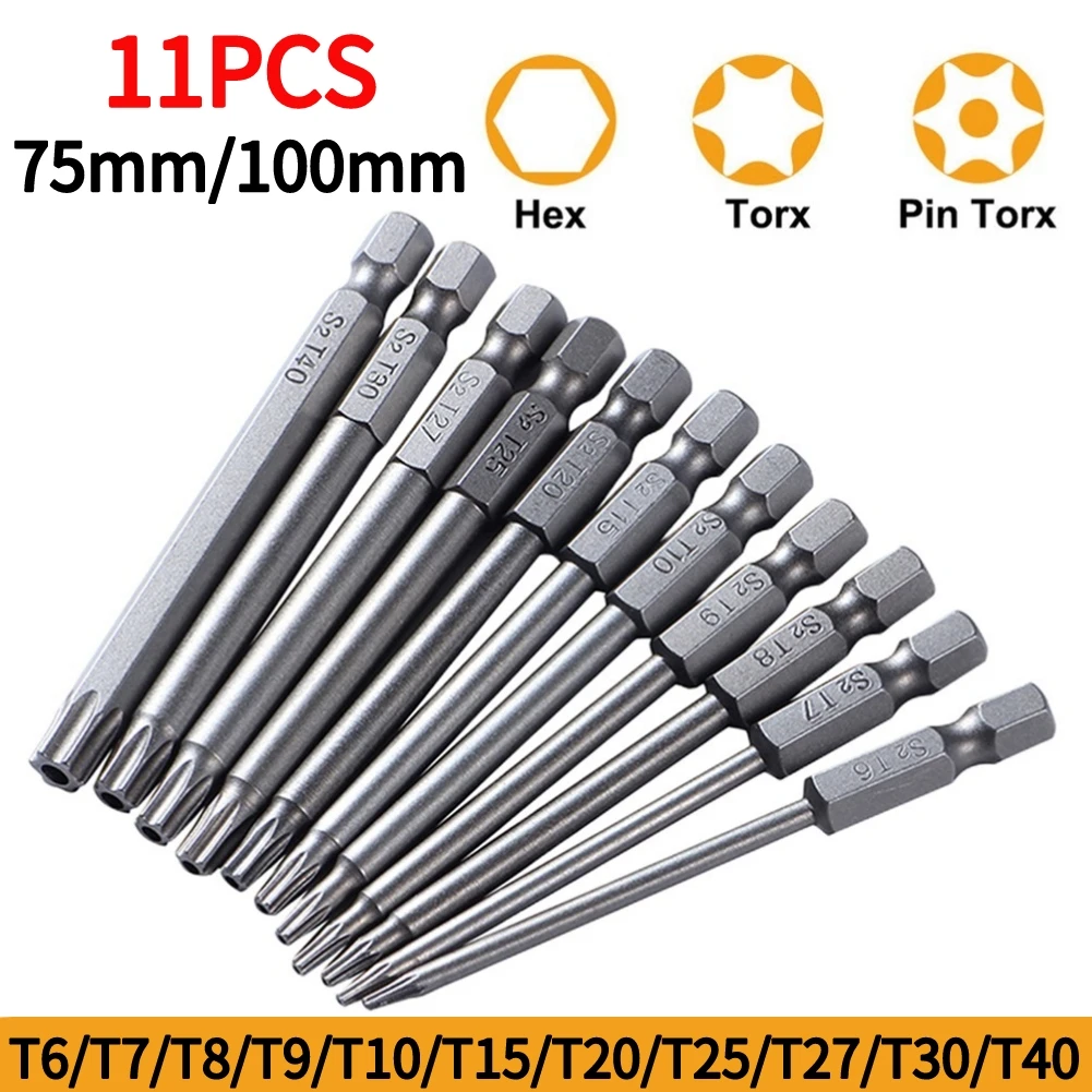 11pcs Torx Screwdriver Bit Set 6.35mm Hex Shank Security Head