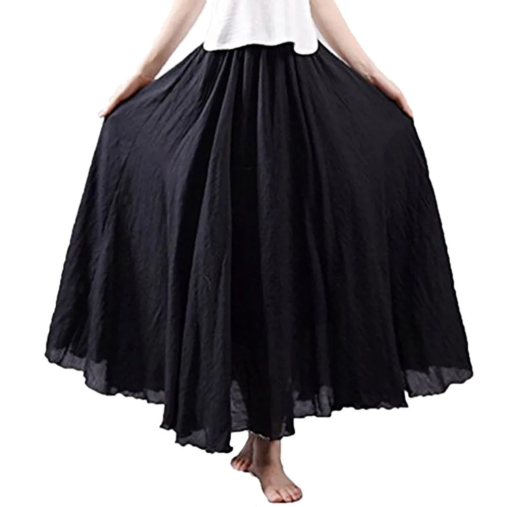 

Women'S Elegant High Waist Linen Maxi Skirt 2024 Summer Ladies Casual Elastic Waist 2 Layers Skirts Saia Feminina Solid Colors