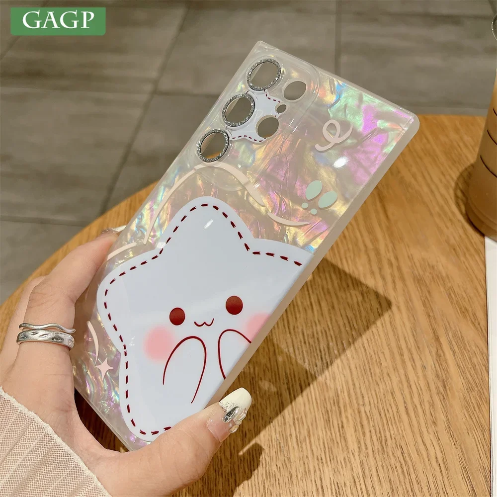 Luxury Gradient Laser Shell Case with Glitter Camera Protection and Cartoon Design