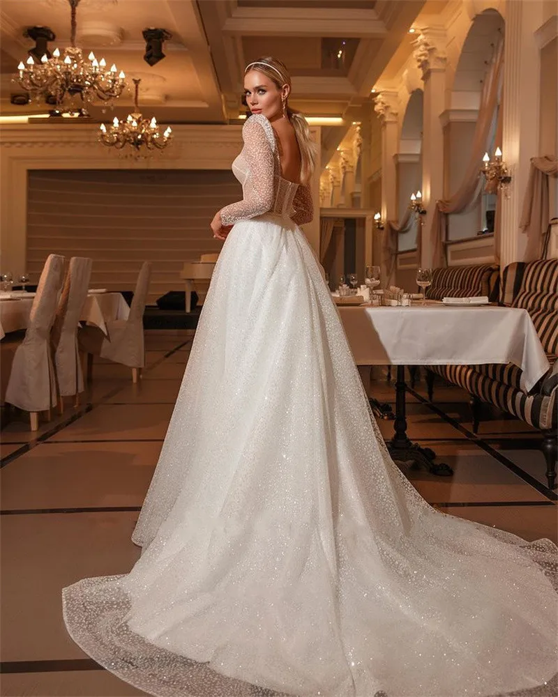

Luxury Beautiful Lace Appliqued Wedding Dresses Bridal Gowns 3D Flowers Beaded Long Sleeve Sexy Marriage Dresses Vestidos 2023