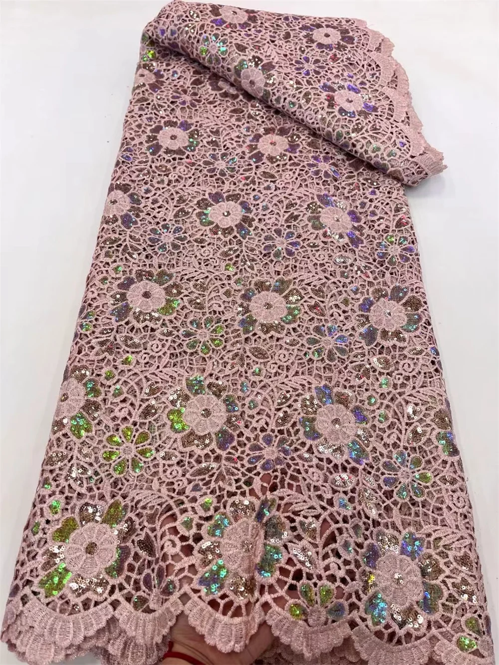 

5Yard Embroidered Dubai New 2024 Nigerian Guipure cord lace Fabric With Sequins Lace Fabric Luxurious Evening Dresses 2024 A13-1