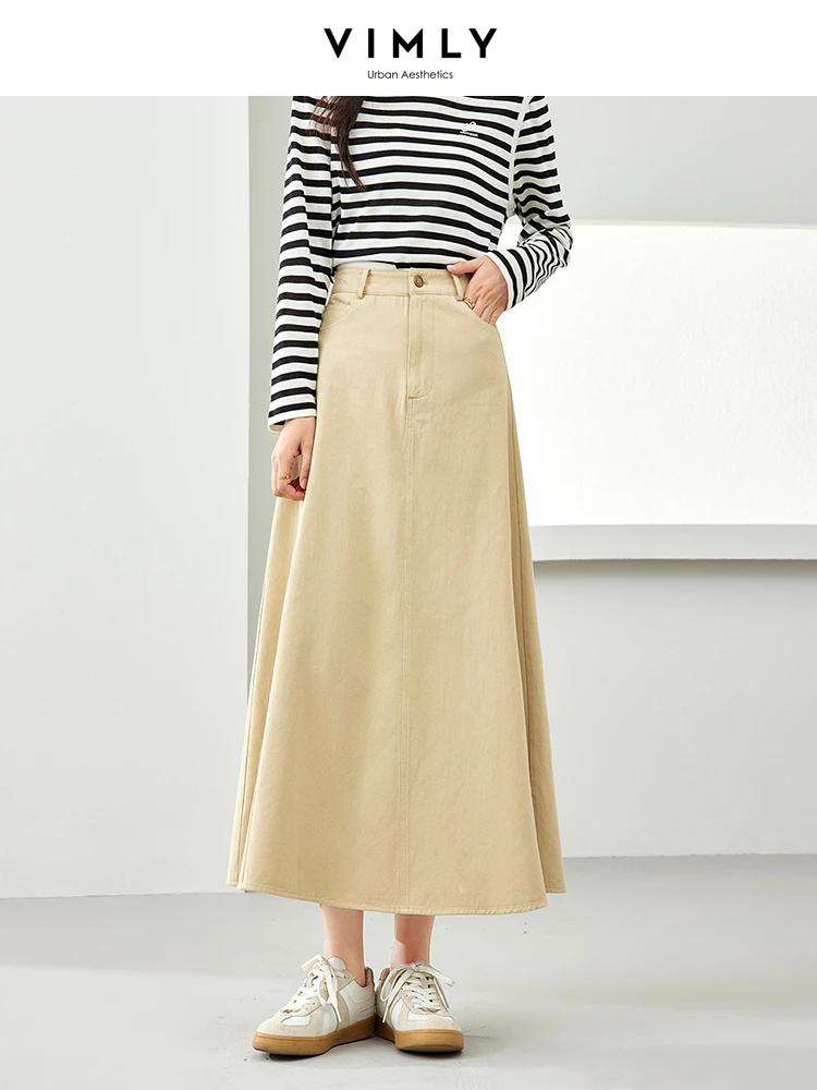 Vimly Spring Fashion Casual A-line Umbrella Maxi Skirt 2024 New Khaki Female Cotton Simple Long Skirts Women's Clothing M5830 vimly spring fashion casual a line umbrella maxi skirt 2024 new khaki female cotton simple long skirts women s clothing m5830