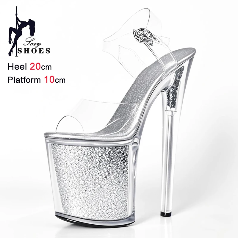2025 New High-heeled 20cm/8inch Sandals Women Training Sexy Transparent Red  Sequins Heels 8inch Nightclub Pole Dancing Sandals