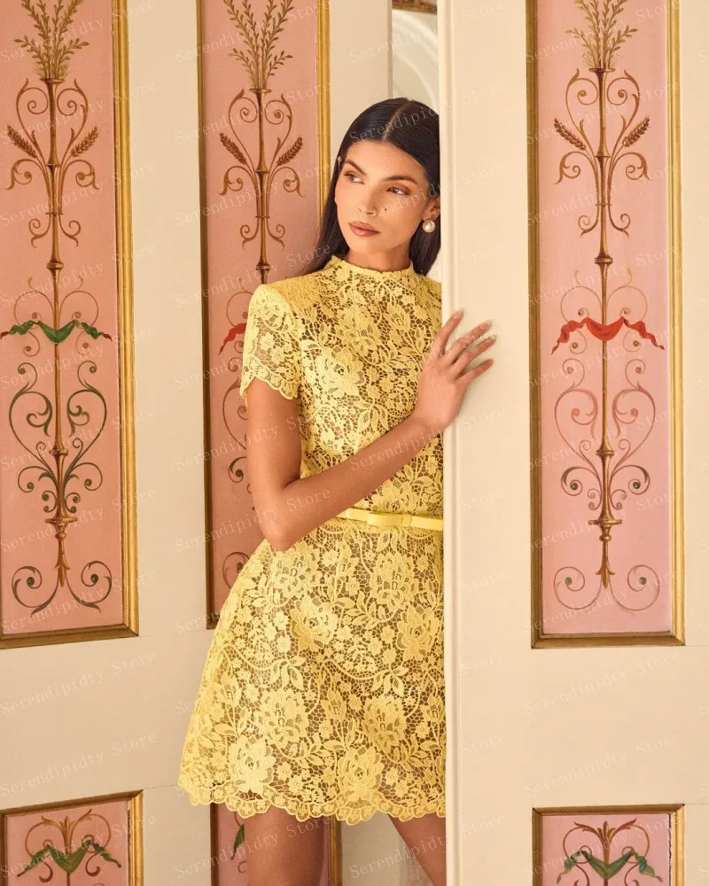Pink Lace Short Sleeve High Neck A-Line Dress with Belt – Party Wedding Cocktail Dress Long Sleeve High Neck Ever Pretty