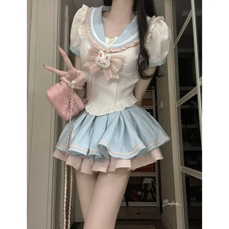 

Korean College Style Cute Girl Bow Shirt Younger JK Uniform High Waist Bubble Short Skirt Fashion Suit Women