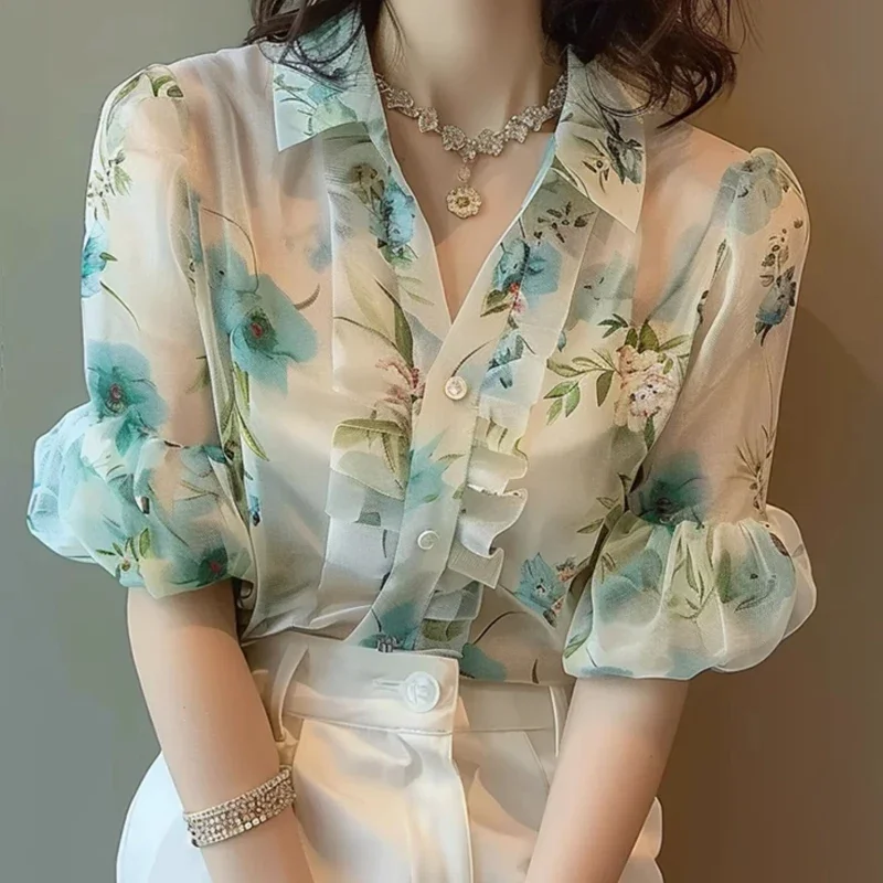 Chiffon Women's Shirt Summer Prints Vintage Blouses Loose Short Sleeve Women Tops Floral Fashion Clothing 2024 Korean