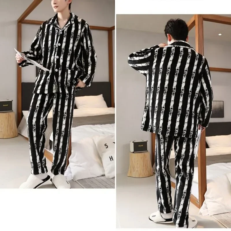 2024 New Men Pajamas Autumn Winter Warm Homewear Young People Can Wear Flannel Sleepwear Thicken Loose V-neck Warm Loungewear