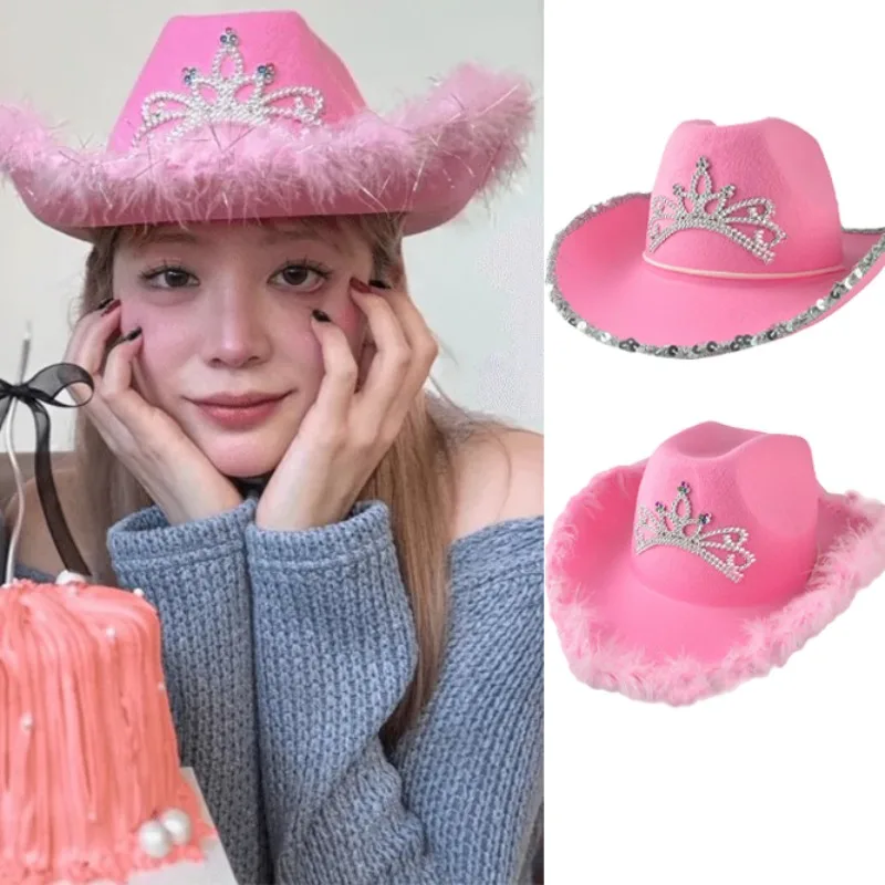 Pink West Cowgirl Hats Summer Women Crown Feather Felt Sequin Caps Outdoor Holiday Wide Brim Hat Fashion Accessory Cosplay Props