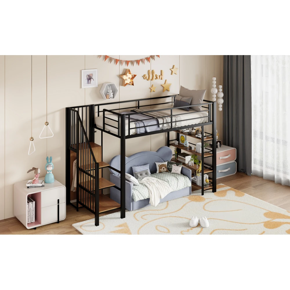 90*200cm Hochbett für Kinder, mit Sicherheitstreppe, Stauraum und kleinem Kleiderschrank, Bodeneinbaum, Hochzaun-Design, Einzelbett – Detail 13