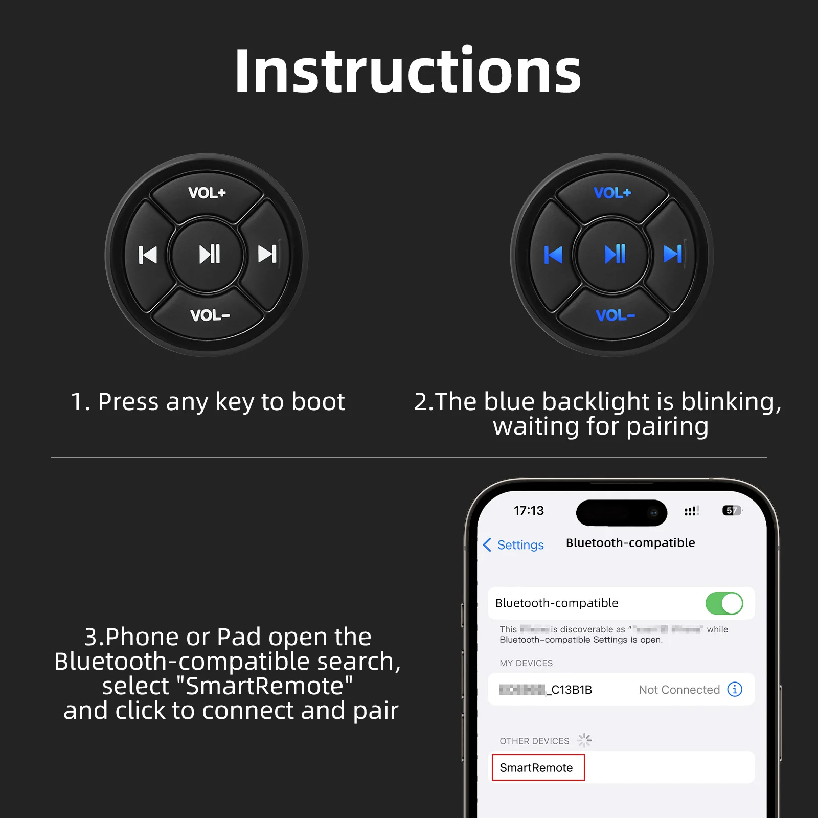 Bluetooth-compatible Wireless Remote Button 5 Keys Helmet Earphone Motorcycle Handlebar Media Controller Steering Wheel Remote wireless remote controller,media remote controller,wireless media remote,wireless media controller,wireless remote control,steering wheel remote control,steering wheel control button