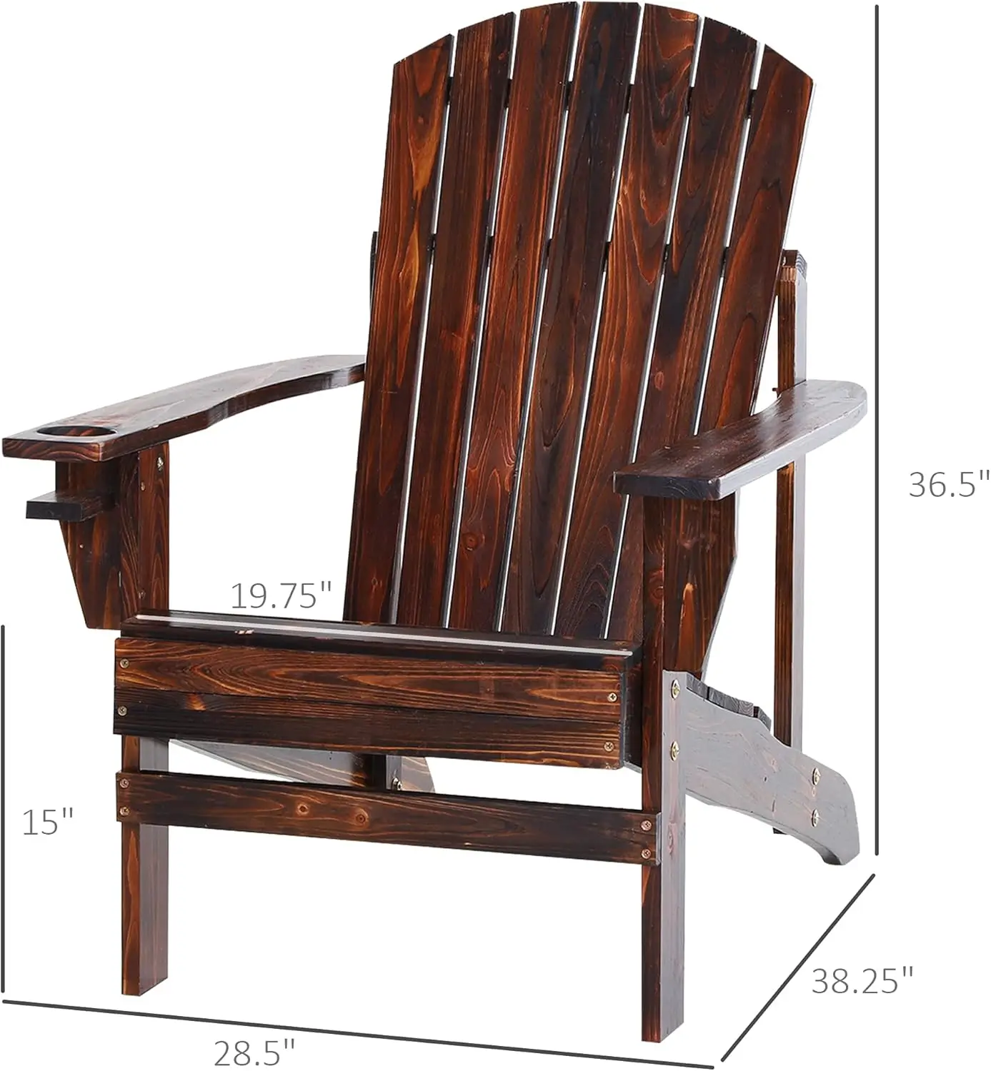 Wooden Adirondack Chair. Outdoor Patio Lawn Chair. Cup Holder. Weather Resistant. For Deck, Garden, Backyard, Fire Pit. Brown.