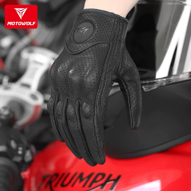 Motowolf Men's Motorcycle Leather Gloves Retro Breathable Motocross Touchscreen For Harley Riding Black cycling gloves,sports gloves,leather gloves