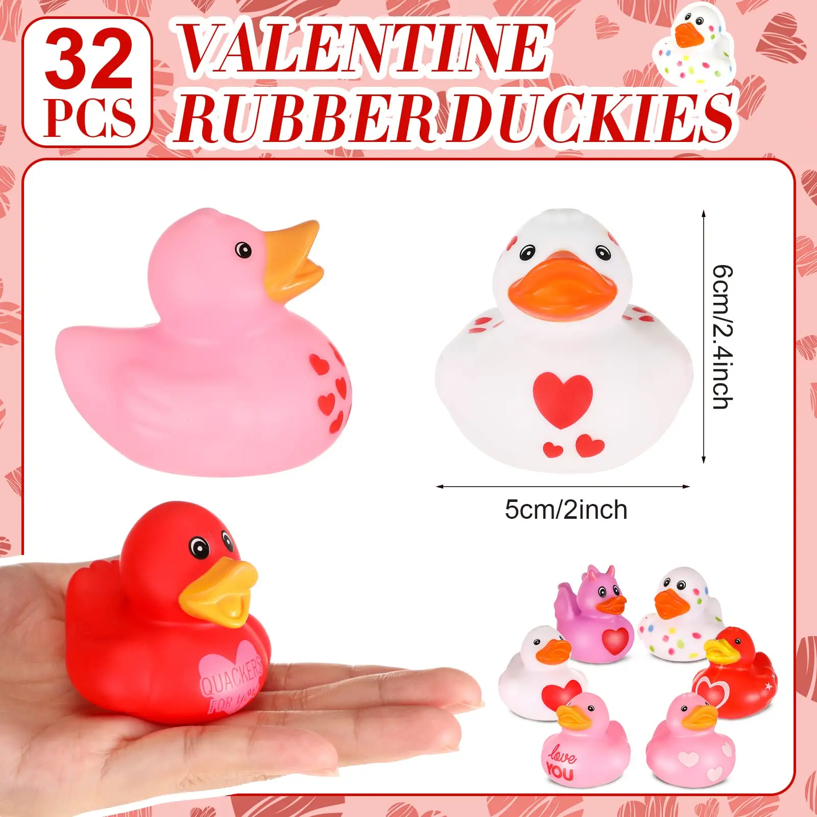 50Pcs 2.4Inch Valentine Rubber Duck in Bulk Valentine's Day  Heart Rubber Duck for Pool Bath Toy Classroom Prize Party,12 Style 2